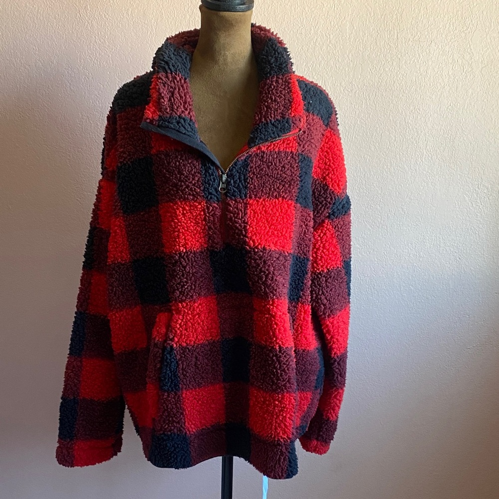 Old Navy Red and Black Checkered Sherpa Pullover
